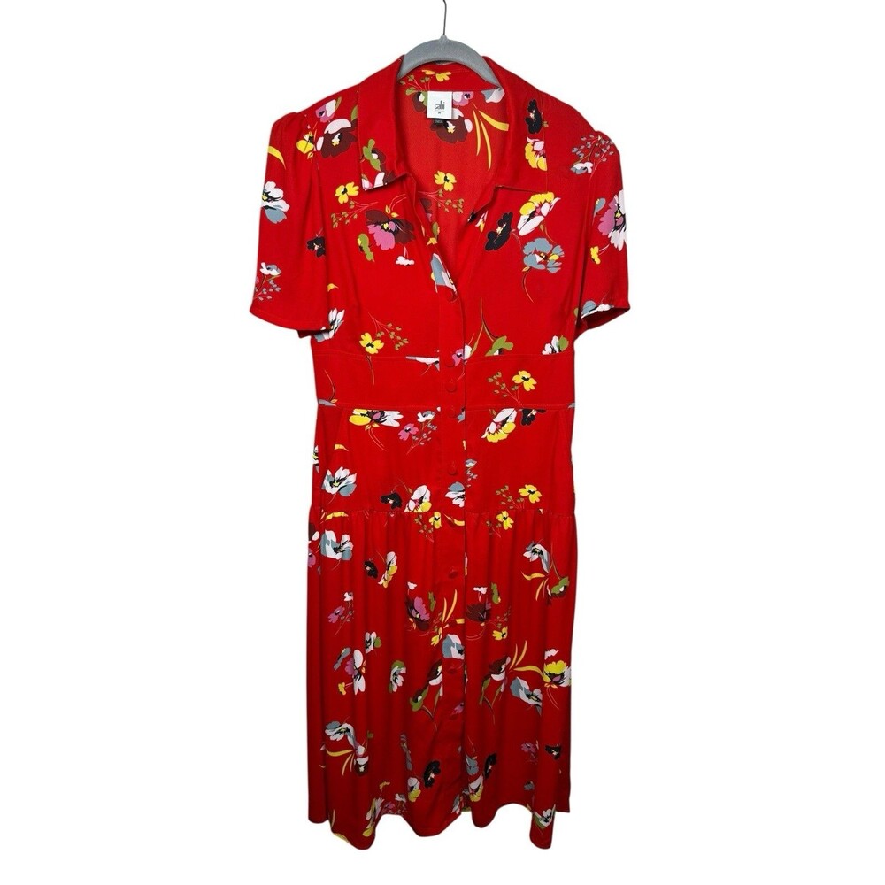 Cabi Red Floral Dress M Button Front Collared Fit Flare Midi Summer Cottagecore